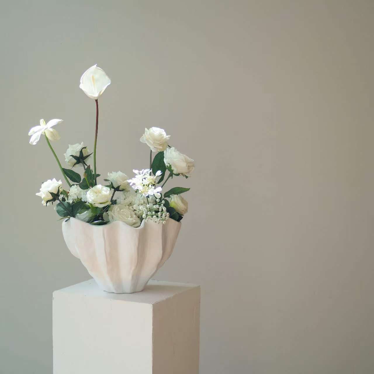 White Textured Ceramic Bowl - Wave Design