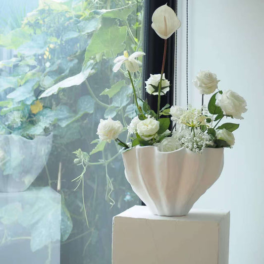 White Textured Ceramic Bowl - Wave Design